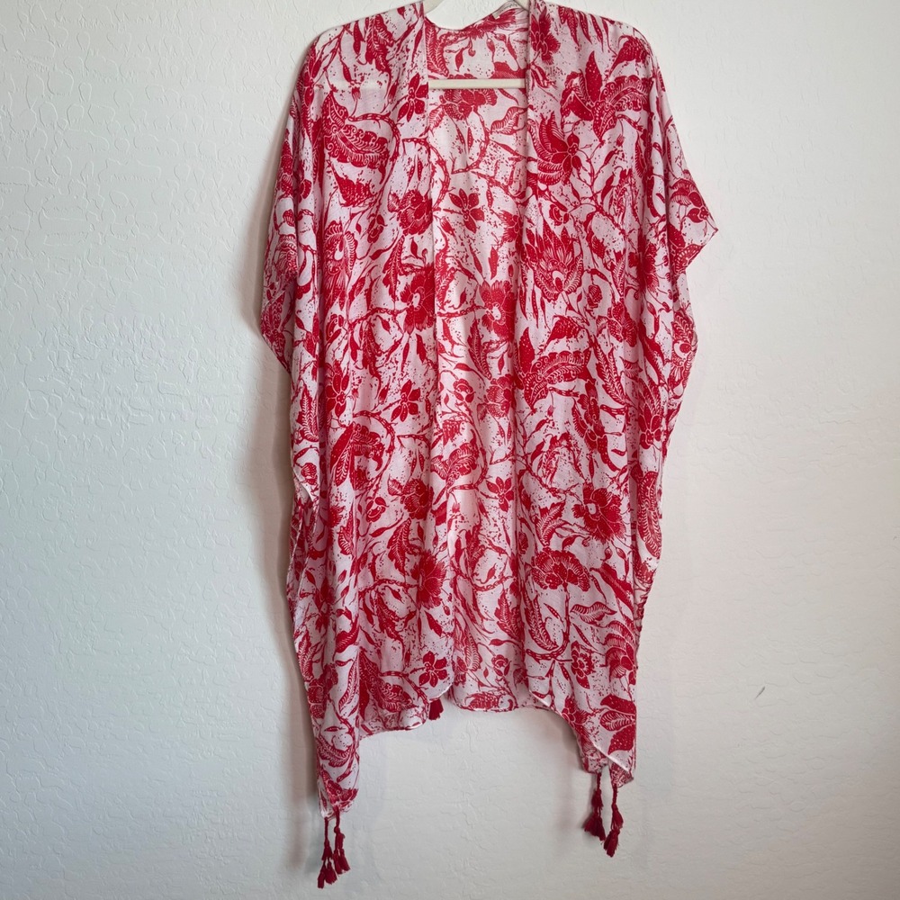 Do Everything in Love Red White Floralβ Batik Kimono Tassel Trim Coverup OS Boho